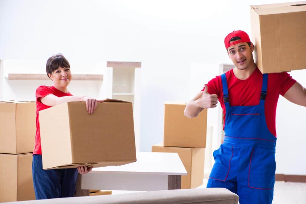 Movers in Brooks carrying boxes during a move