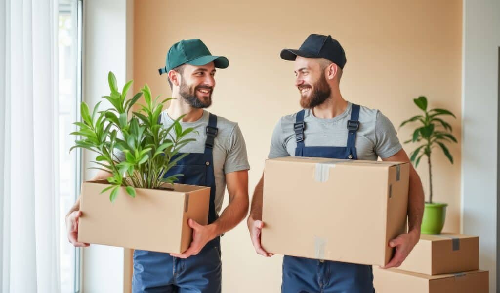 Professional movers handling boxes during a relocation in Red Deer