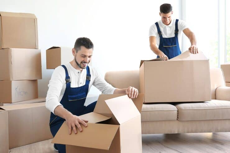 Two movers packing boxes in a bright living room for a move.