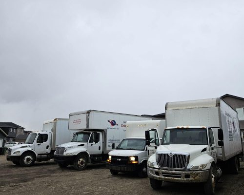 Moving trucks parked outdoors on a cloudy day at Galaxy Movers Calgary.